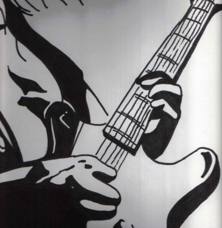 Chick Playing Guitar by Rick Jende Kiernan