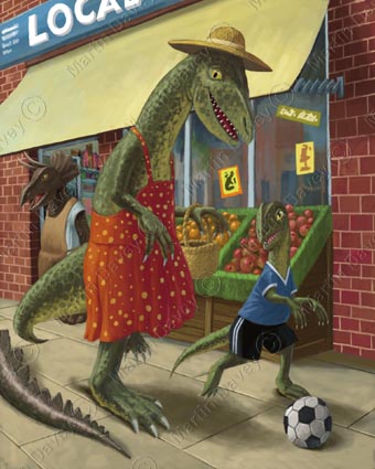 Dinosaur Mum Shopping With Son Kicking Ball - 